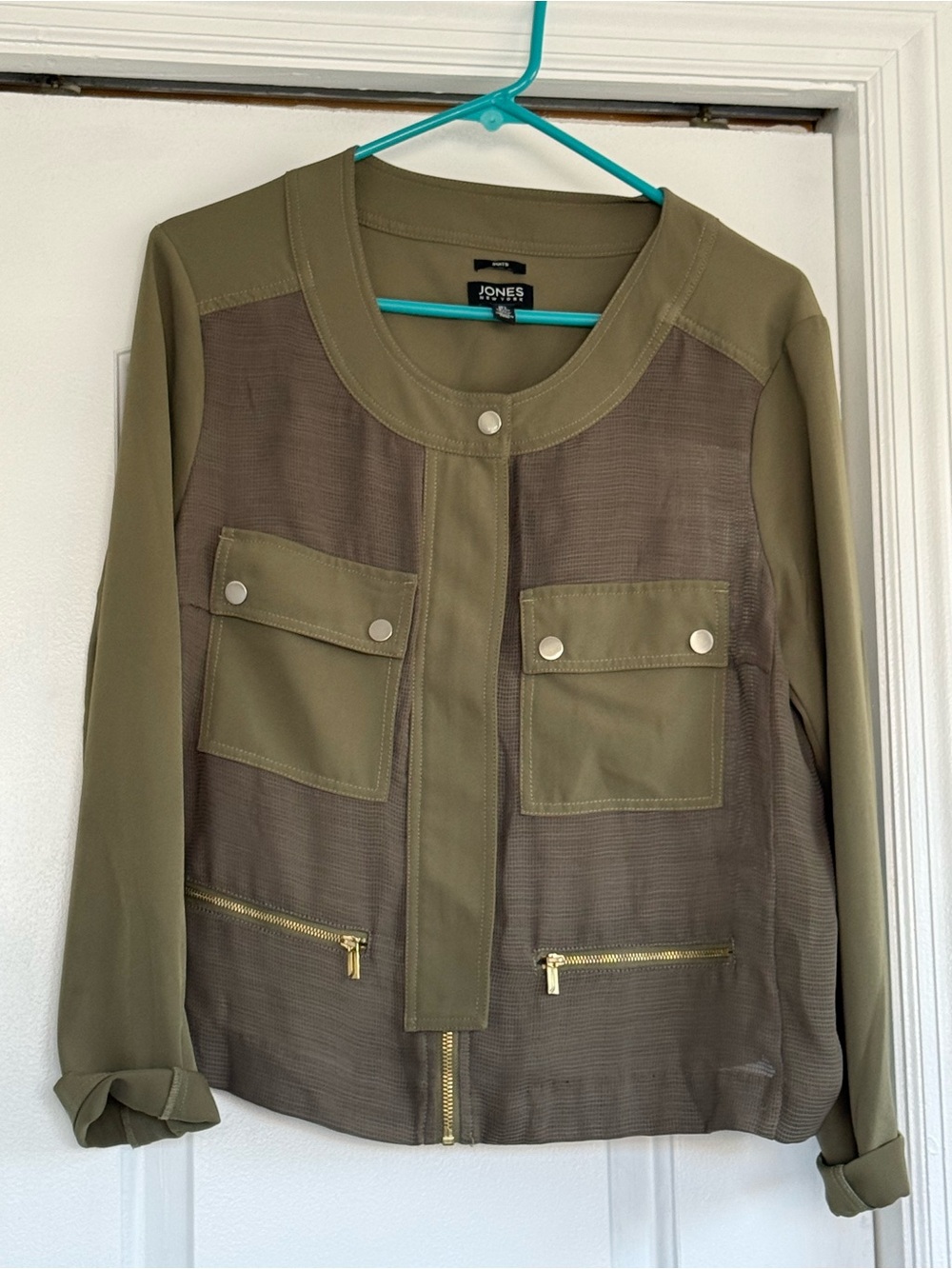 Jones New York Two-Tone Olive Utility Blazer with Gold Zippers